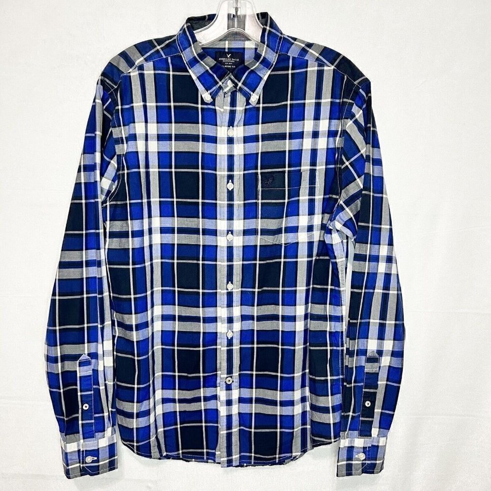 American Eagle Classic Fit Men's Long-Sleeve Blue Black Plaid Button-Up Size M